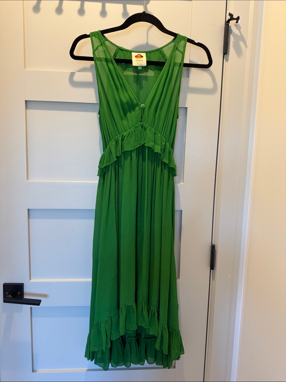 FARM Rio Emerald Green Ruffle-Trim Midi Dress